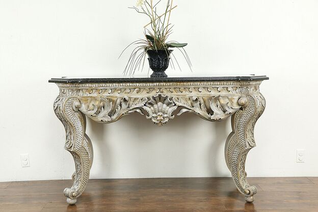 Renaissance Carved Modern Whitewash & Gold Hall Table, Granite Top #34392 photo