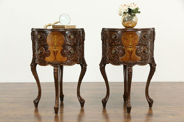 Pair of French Style Vintage Marquetry Nightstands, Lamp or End Tables #34715 photo