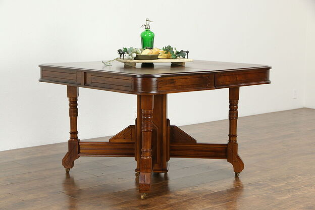 Victorian Eastlake Antique Walnut 46" Dining Table, 11 Leaves Extends 15' #34821 photo