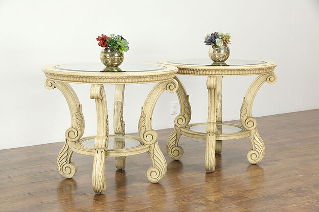 Renaissance Design Pair of Lamp Tables, Crackled Paint, Beveled Glass #34827 photo