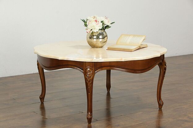 French Style Marble Top Vintage Carved Cherry Coffee Table #34887 photo