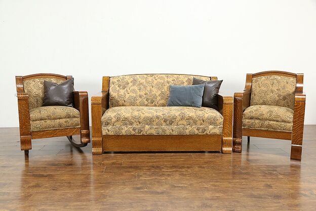 Oak Antique 3 Pc Parlor Set, Settee, Chair, Rocker, Recent Upholstery #34969 photo