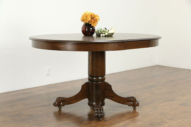 Victorian Oak 42" Dining Table, Leaf, Carved Lion Paw Pedestal #35053 photo