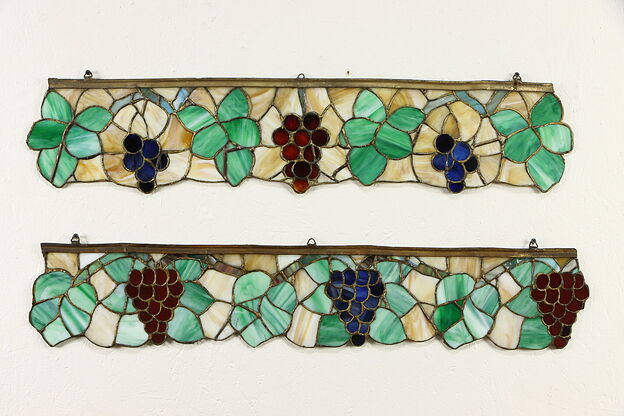 Pair of Grape Motif Antique Stained Glass Hand Leaded Window Fragments #34419 photo
