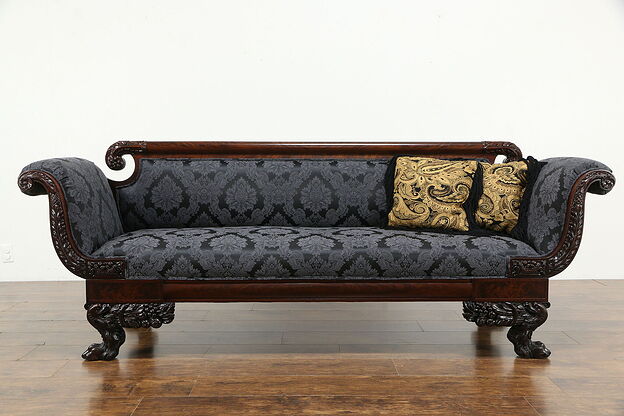 Empire 1825 Antique Mahogany Sofa, Acanthus & Paw Feet, New Upholstery #33718 photo