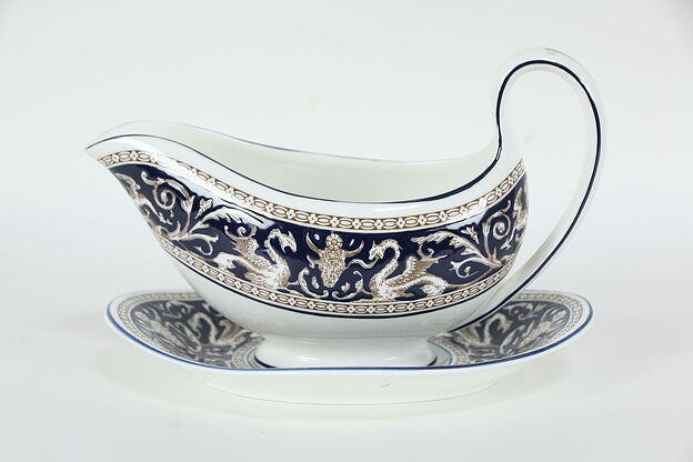 Wedgwood Blue Florentine Dragon Pattern Gravy Boat with Underplate #35564 photo