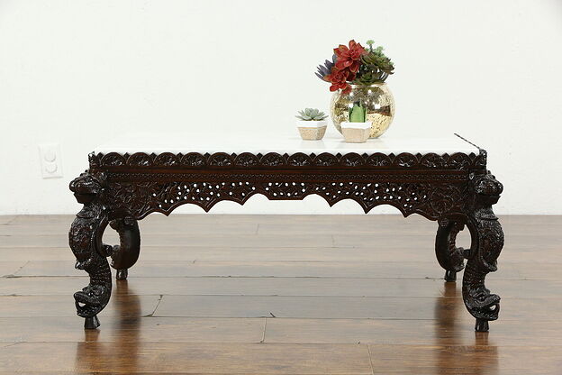 Teak Antique British Indian Coffee Table, Carved Lions, Marble Top #35013 photo