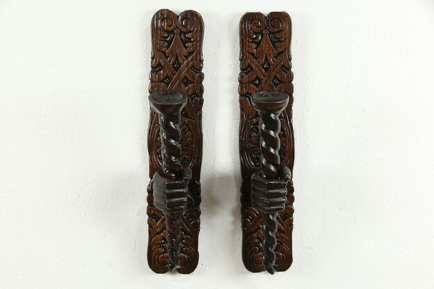 Pair of Antique Pine Wall Candle Sconces, Carved Pine Hand Holders #35062 photo