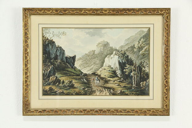 Travelers in the Alps Original Antique Watercolor Painting 21" #33645 photo