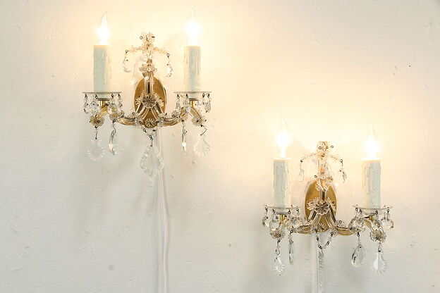 Pair of Vintage Double Candle Wall Sconces, Crystal Prisms #33878 photo