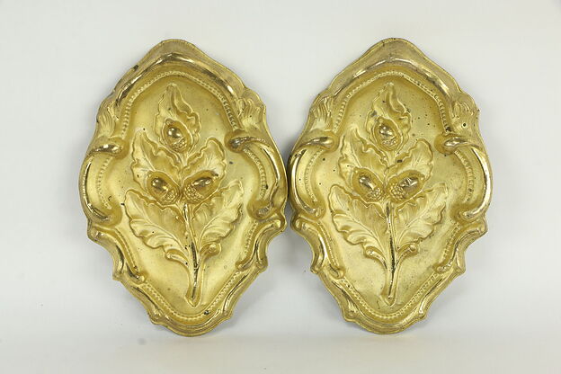 Pair of Victorian Antique Gold Plated Oak Leaf & Acorn Valance Fragments #34275 photo