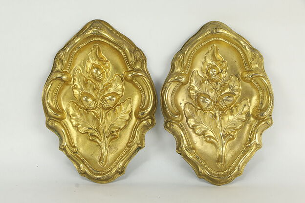 Pair of Victorian Antique Gold Plated Oak Leaf & Acorn Valance Fragments #34879 photo