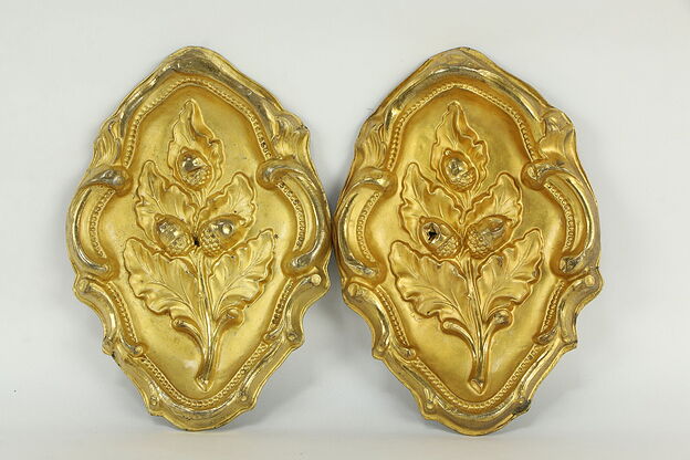Pair of Victorian Antique Gold Plated Oak Leaf & Acorn Valance Fragments #35051 photo