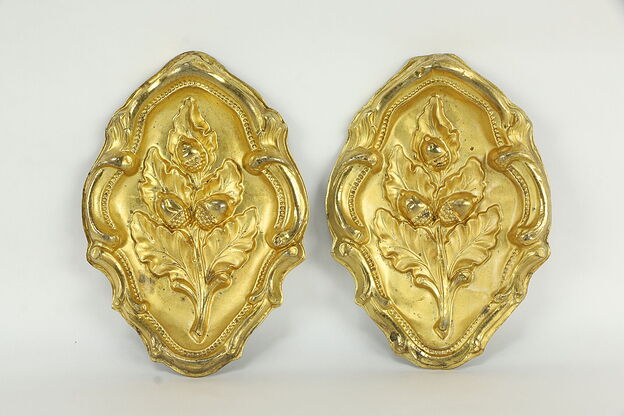 Pair of Victorian Antique Gold Plated Oak Leaf & Acorn Valance Fragments