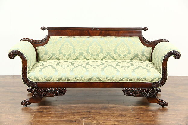 Empire 1900 Antique Mahogany Sofa, Carved Paw Feet, New Upholstery #35846 photo