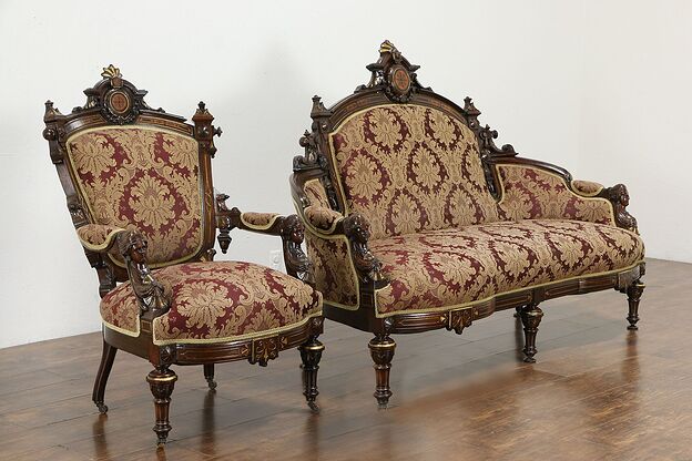 Victorian Renaissance Antique Walnut Sofa & Chair Set, Gold Leaf, Jelliff #35360 photo