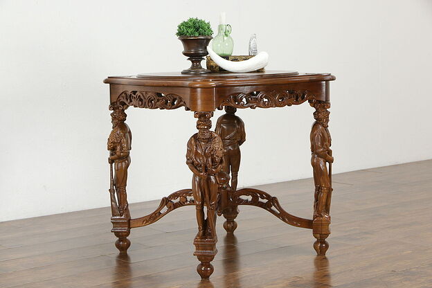 Hunting Lodge Antique Walnut Hall Center Table, Carved Hunter Sculptures #35405 photo