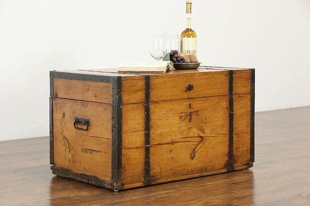 Country Pine 1870 Antique Farmhouse Pine Trunk, Chest or Coffee Table #35428 photo