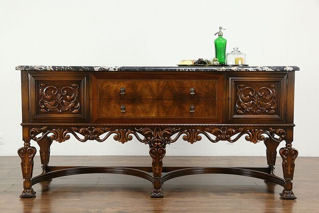 Renaissance Carved Antique Marble Top Sideboard, Server or Buffet #35757 photo