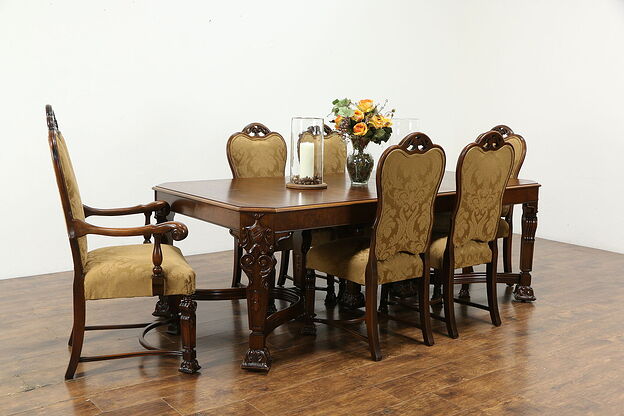 Renaissance Carved Antique Walnut Dining Set, Table, 6 Chairs, New Fabric #35758 photo