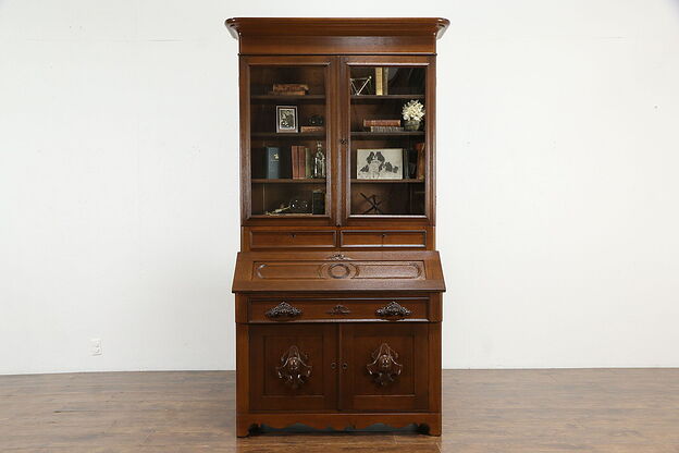 Victorian Antique Carved Walnut Secretary Desk & Bookcase #35791 photo