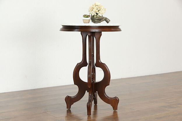 Victorian Antique Oval Walnut Marble Top Lamp or Parlor Pedestal Table #35991 photo