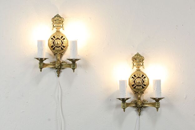 Pair Vintage Solid Brass Wall Sconce Lights, Drip Candles, Crescent BM #35681 photo