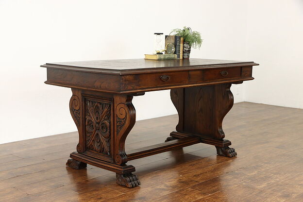 Renaissance Design Antique Italian Oak Library Table or Desk, Lion Feet #36024 photo