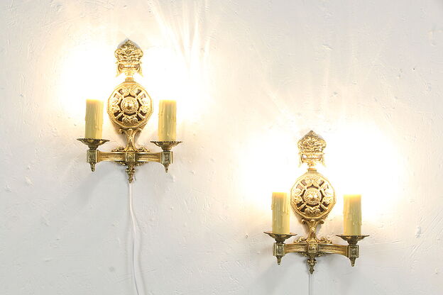 Pair Vintage Solid Brass Wall Sconce Lights, Drip Candles, Crescent BM #36073 photo