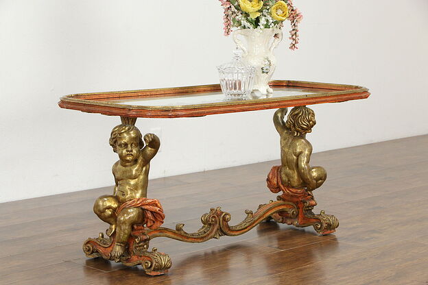 Italian Vintage Coffee Table, Carved Putti, Cherub or Angel Sculptures #36126 photo