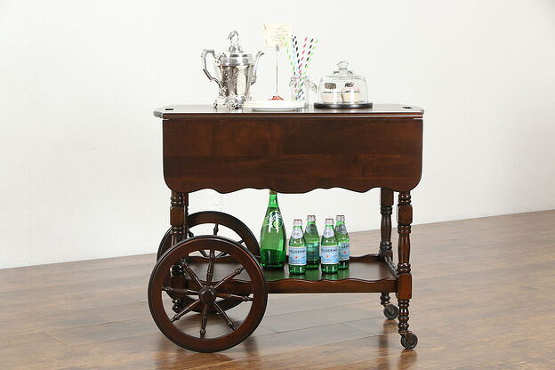 Maple Vintage Rolling Bar or Tea Cart, Dropleaves, Drawer, Wooden Wheels #34798 photo