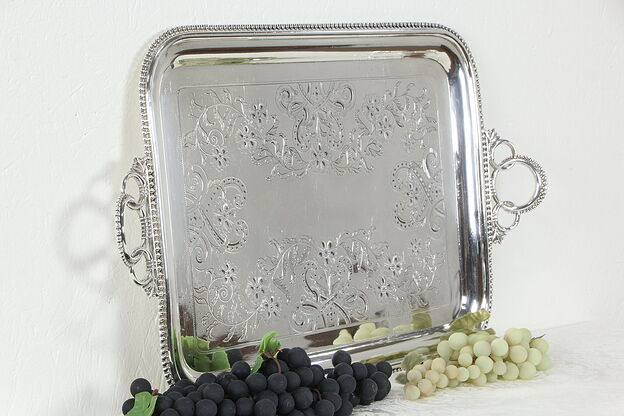 Victorian Antique Engraved Silverplate Tray, Ring Handles, Meriden #34974 photo