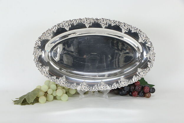 Oval Antique Silverplate Serving Tray, Grapevine Motif #36156 photo