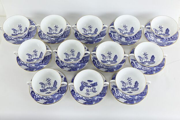Set of 12 Coalport Blue Willow English Cream Soup Cups & Saucers #36324 photo