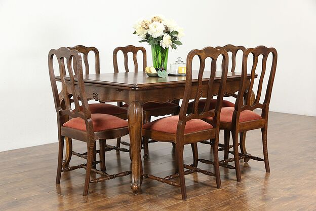 Country French Provincial Antique Oak Dining Set Table & Leaves, 6 Chairs #35599 photo
