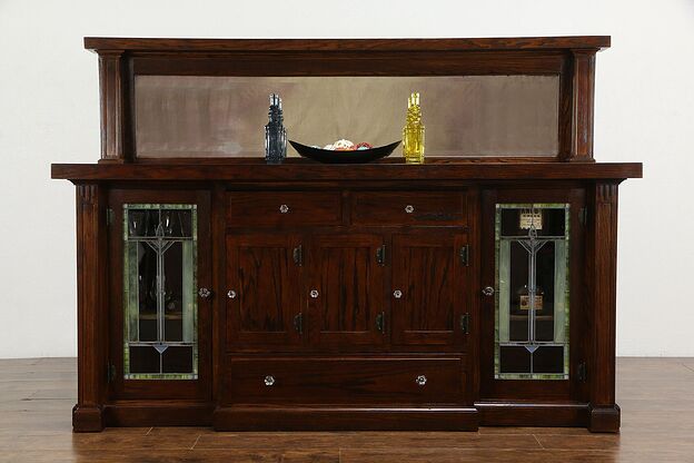 Arts & Crafts Mission Oak Antique Craftsman Sideboard Stained Glass Doors #36199 photo