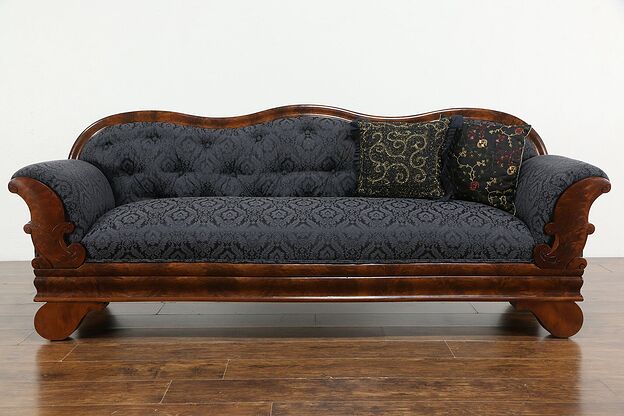 Empire Antique 1840 Flame Mahogany Sofa, Carved Feet, New Upholstery #34329 photo