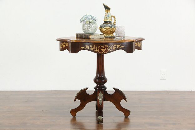 French Style Vintage Mahogany Marquetry Lamp or Hall Table, Brass Mounts #34565 photo