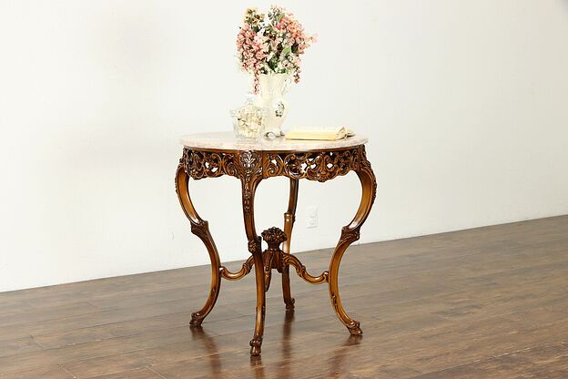 French Style Carved Fruitwood Vintage Marble Top Lamp, Hall Center Table #35214 photo