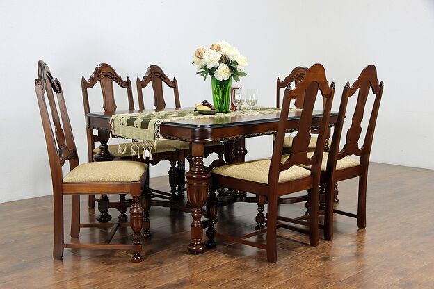 English Tudor Style Antique Walnut Dining Set, Table, 2 Leaves, 6 Chairs #35371 photo