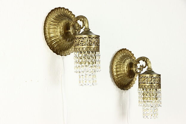 Pair of Vintage Hollywood Regency Sconce Wall Lights, Crystal Prisms #35796 photo
