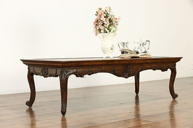 Country French Farmhouse Carved Oak Vintage Coffee Table. #35109 photo