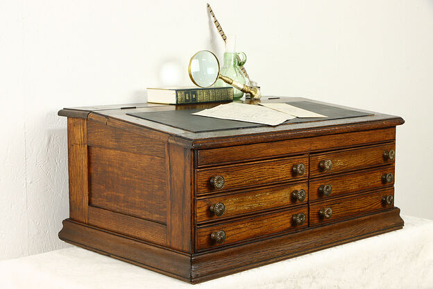 Farmhouse Oak Antique Spool Cabinet, Jewelry or Collector Chest & Desk #36083 photo