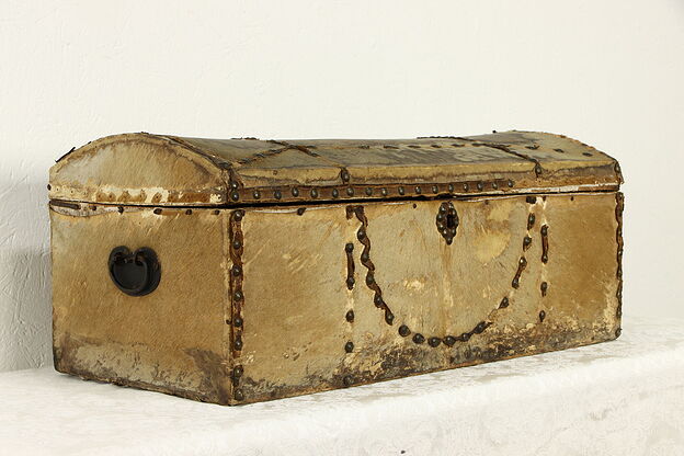 Victorian Antique Hide Leather Farmhouse Child Size Trunk or Chest #36246 photo