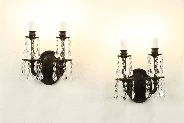 Pair of Double Wall Sconces, Crystal Prisms, Drip Candle Covers #36399 photo