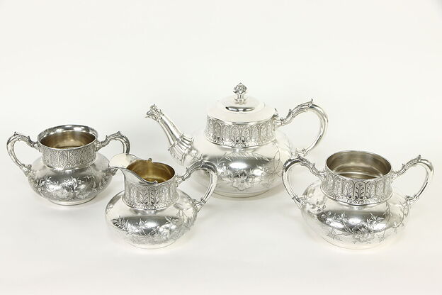Victorian Antique Silverplate 4 Pc Coffee or Tea Set, Signed Tufts Boston #36425 photo