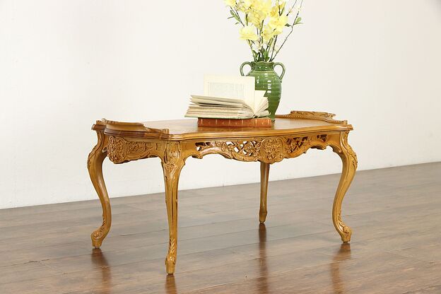 French Design Carved Vintage Coffee Table, Marquetry Top #35204 photo