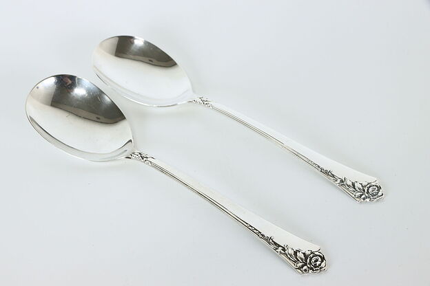 Pair Sterling Silver Heirloom Damask Rose Serving Spoons 8.5" #37227 photo
