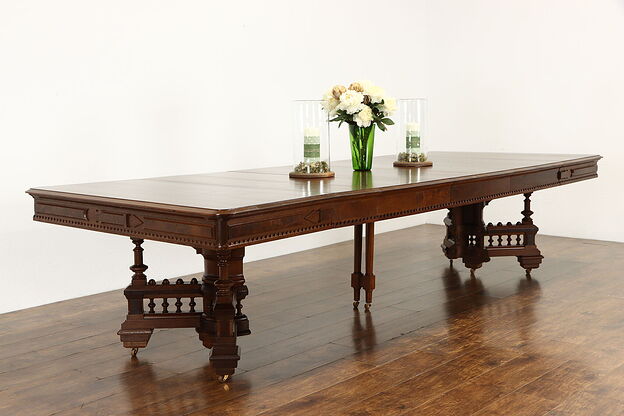 Victorian Eastlake Antique Walnut Banquet Dining Table, Extends 16' #34515 photo