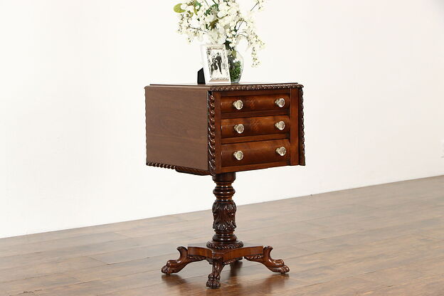 Empire Antique Mahogany Drop Leaf Lamp Table, Nightstand, Acanthus Carved #35635 photo